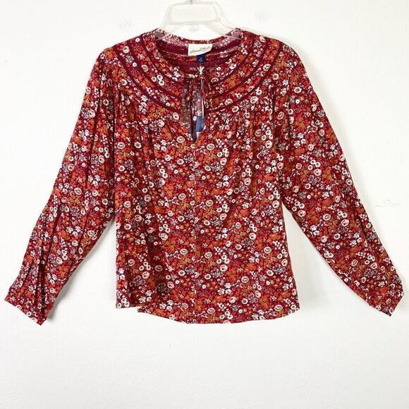Universal Thread Red Floral Peasant Prairie Long Sleeve Blouse Top Size XS - Picture 2 of 7